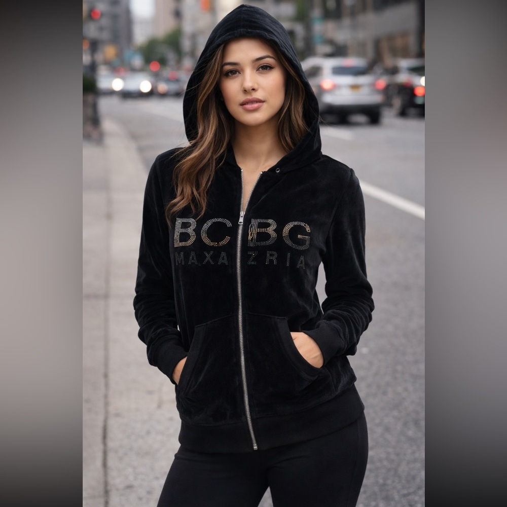 BCBG Max Azria Black Velour Rhinestone Logo Zip Hoodie Y2K Glam Lounge Jacket